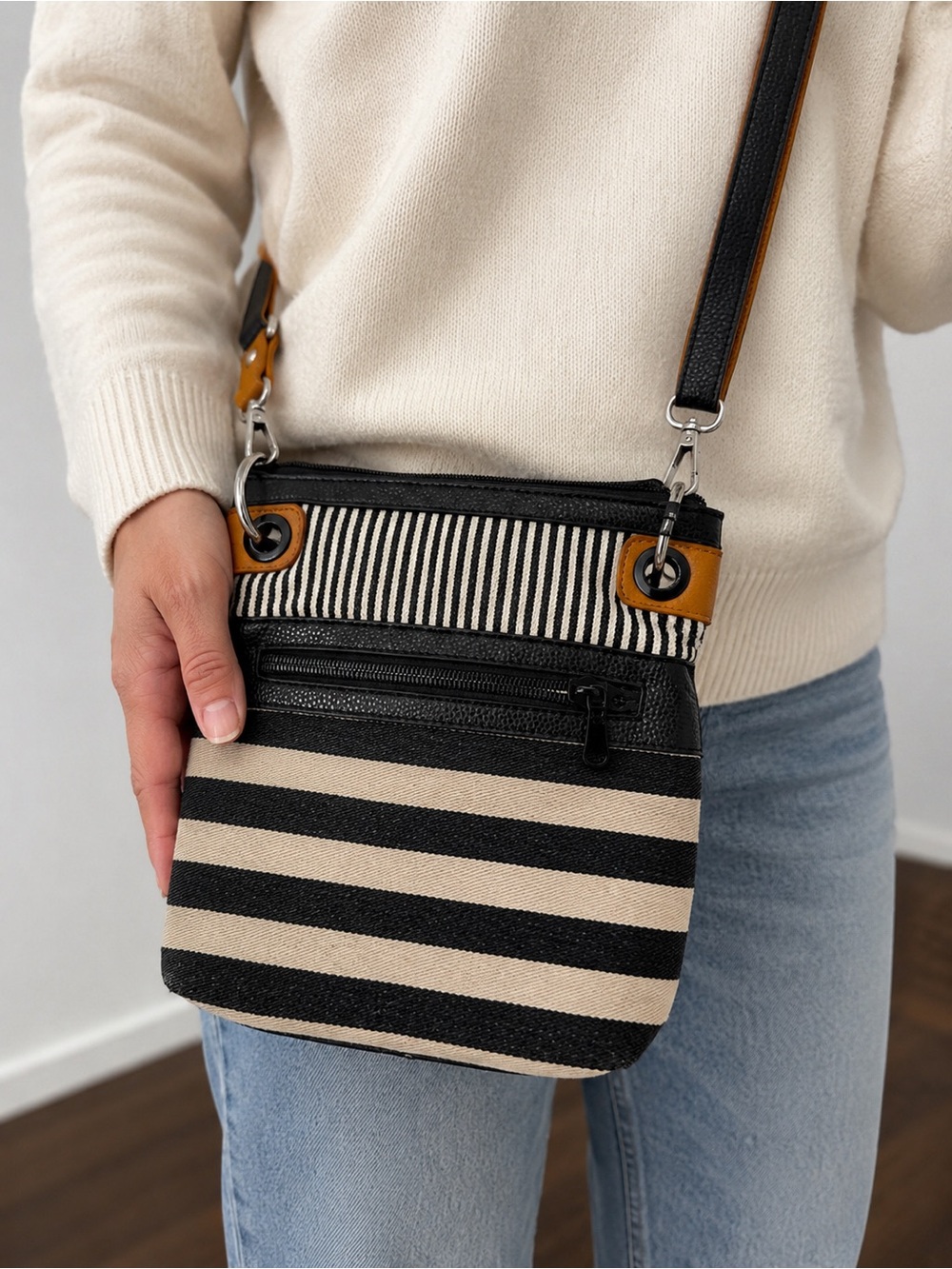 Black & Cream Striped Crossbody Bag with Tan Accents